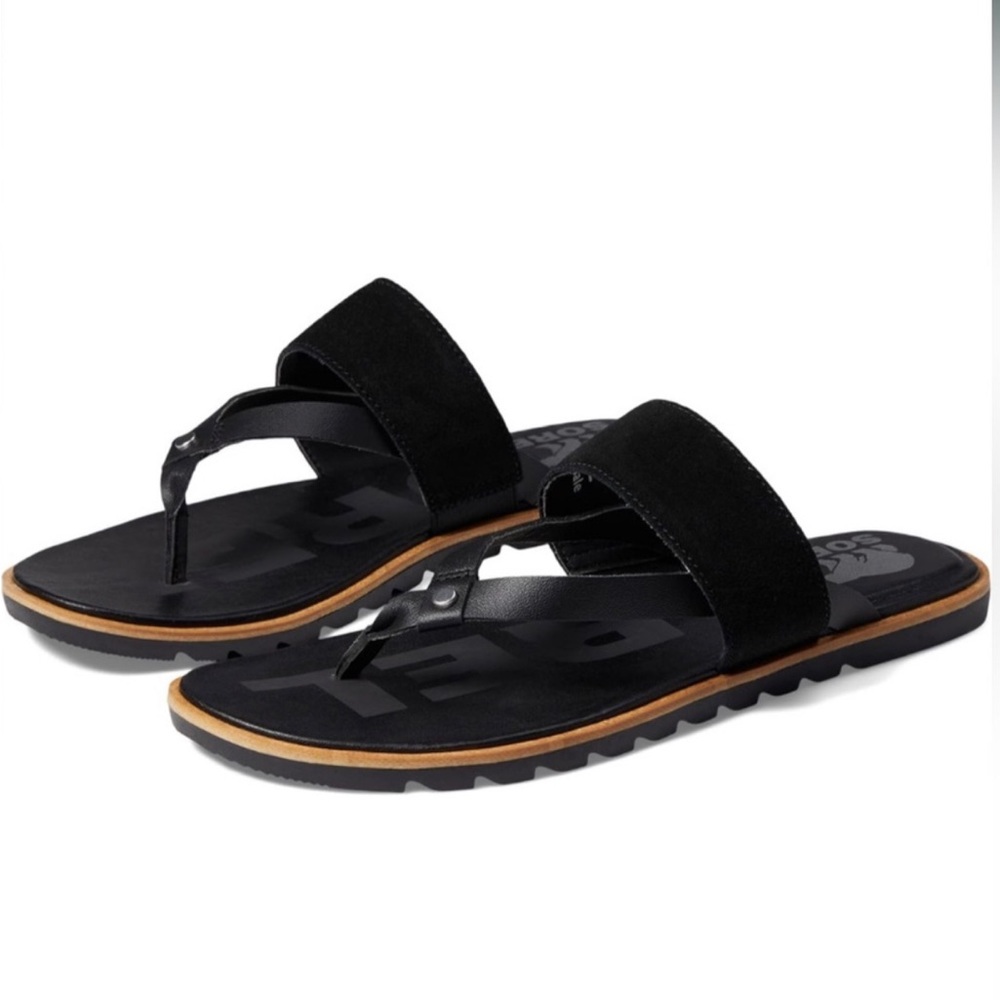 SOREL Ella II Easy Flip Flop Black Leather Sandal Size 8.5 New